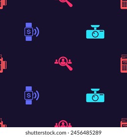 Establecer DVR de coche, pago sin contacto, lupa para la gente de búsqueda y terminal POS en un patrón sin fisuras. Vector