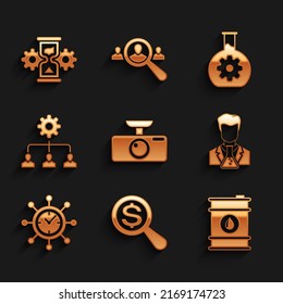 Set Car DVR, Magnifying glass and dollar, Barrel oil, Scientist test tube, Clock gear and Lead management icon. Vector