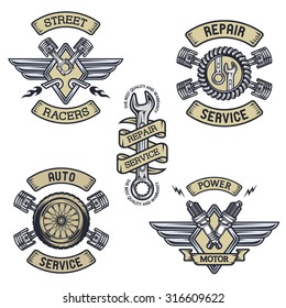 Set of car emblems, badges, symbols. Vintage style.