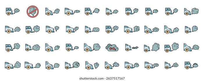 Set of car emitting polluting exhaust gases icons, co2 emissions, air pollution and global warming concept