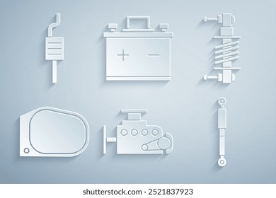 Set Car engine, Shock absorber, mirror, battery and muffler icon. Vector