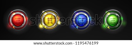 Set of car engine start, stop colorful buttons realistic 3d vector isolated on black background. Modern sports car ignition launching buttons, glowing various colors in different drive modes