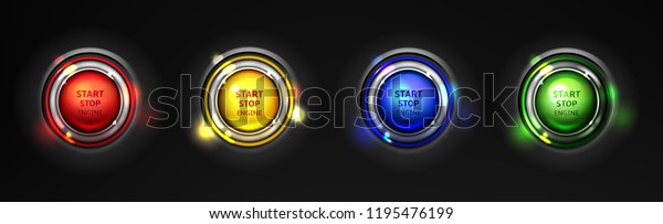 Set of car engine start, stop colorful buttons\
realistic 3d vector isolated on black background. Modern sports car\
ignition launching buttons, glowing various colors in different\
drive modes