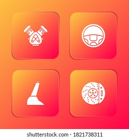 Set Car engine, Steering wheel, handbrake and disk with caliper icon. Vector.