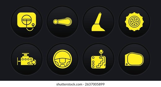 Set Car engine, wheel, Steering, Gear shifter, handbrake, door handle, mirror and Oil filler cap at gas station icon. Vector