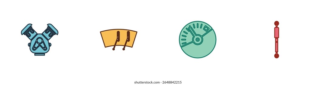 Set Car engine, Windscreen wiper, Speedometer and Shock absorber icon. Vector