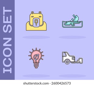 Set Car exhaust, Polar bear head, Light bulb with leaf and Wrecked oil tanker ship icon. Vector