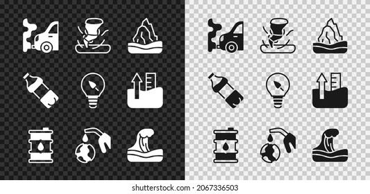 Set Car exhaust, Tornado, Iceberg, Barrel oil, Gas pump nozzle and globe, Tsunami, Bottle of water and Light bulb with leaf icon. Vector