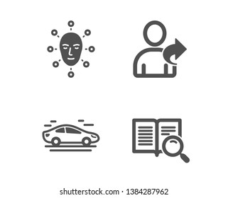 Set of Car, Face biometrics and Refer friend icons. Search text sign. Transport, Facial recognition, Share. Open book.  Classic design car icon. Flat design. Vector