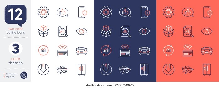 Set of Car, Feedback and Update data line icons. Include Smartphone protection, Packing boxes, Refrigerator icons. Service, Contactless payment, Airplane web elements. Download arrow. Vector