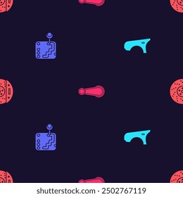Set Car fender, Gear shifter, door handle and brake disk with caliper on seamless pattern. Vector