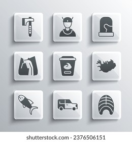 Set Car, Fish steak, Map of Iceland, Yogurt container, Waterfall, Wooden axe and Christmas mittens icon. Vector