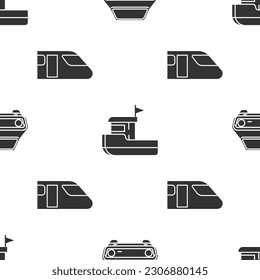 Set Car, Fishing boat and Train on seamless pattern. Vector