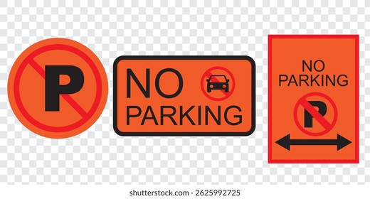 Set of car forbidden signs. No car parking, no parking road warning signs. No cars entry, the red circle sing. Vector illustration. EPS 10