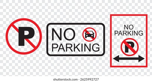 Set of car forbidden signs. No car parking, no parking road warning signs. No cars entry, the red circle sing. Vector illustration. EPS 10