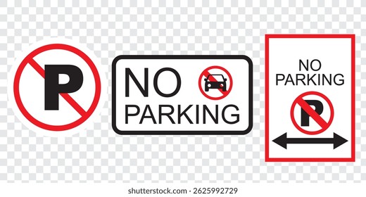Set of car forbidden signs. No car parking, no parking road warning signs. No cars entry, the red circle sing. Vector illustration. EPS 10