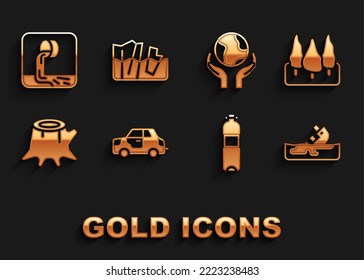 Set Car, Forest, Wrecked oil tanker ship, Bottle of water, Tree stump, Hands holding Earth globe, Wastewater and Glacier melting icon. Vector