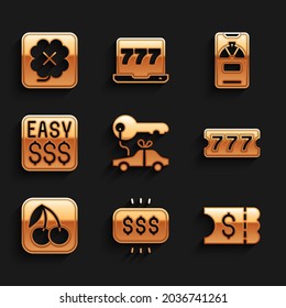 Set Car gift, Money prize in casino, Lottery ticket, Slot machine with cherry, Lucky wheel phone and Casino slot icon. Vector