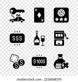 Set Car don, Jugar carta con diamantes, Juego de mesa de póquer en línea, Juego de dados, Casino con premio de dinero, bolso e icono de botella de champán. Vector