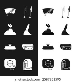 Set Car handbrake, Gear shifter, Windscreen wiper, mirror, door handle,  and Oil filler cap at gas station icon. Vector