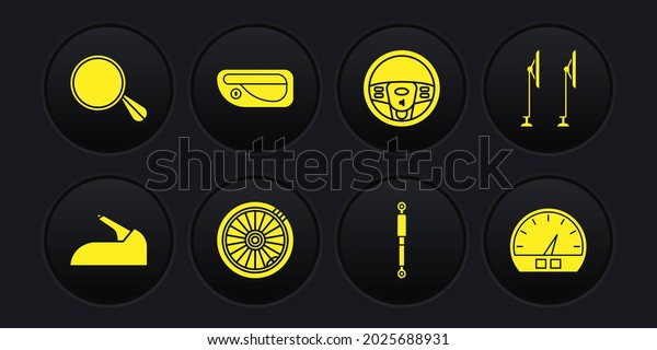 Set Car\
handbrake, Windscreen wiper, wheel, Shock absorber, Steering, door\
handle, Speedometer and mirror icon.\
Vector