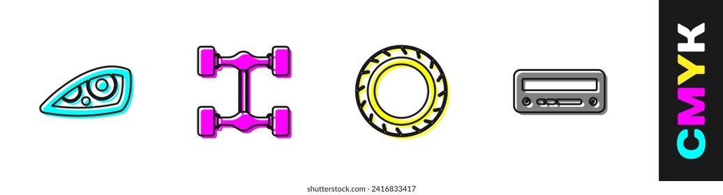 Ajuste el faro del coche, el coche del chasis, la rueda del neumático y el icono de audio. Vector