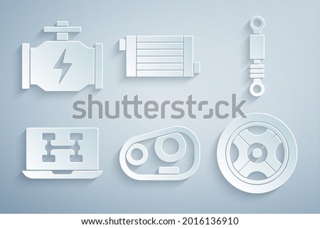 Set Car headlight, Shock absorber, Diagnostics condition of car, wheel, radiator cooling system and Check engine icon. Vector