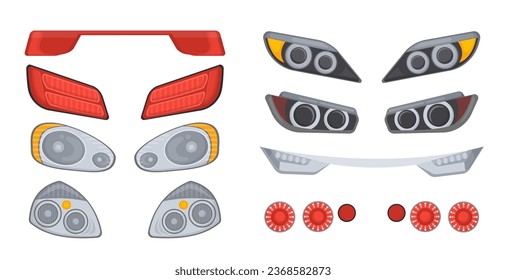 Set of car headlights concept. Parts and elements of transport. Engine and modification, tuning of vehicles and automobiles. Cartoon flat vector collection isolated on white background