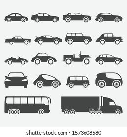 Set of Car Icon Design. Car and Motorcycle type icons set. Vector black illustration isolated on white background with shadow. Variants of model automobile and moto body silhouette for web with title.