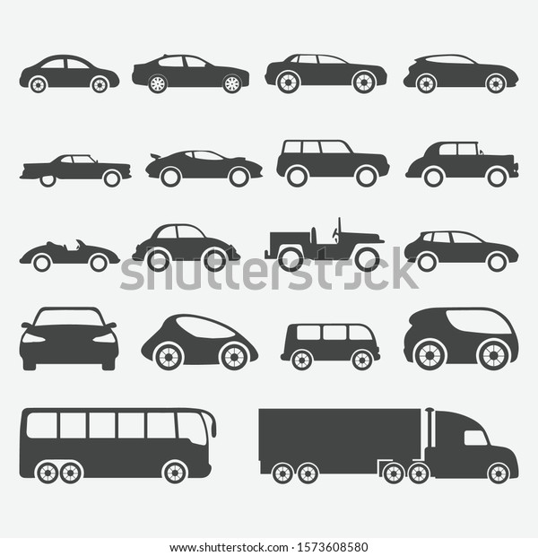 Set of Car Icon Design. Car and Motorcycle type\
icons set. Vector black illustration isolated on white background\
with shadow. Variants of model automobile and moto body silhouette\
for web with title.