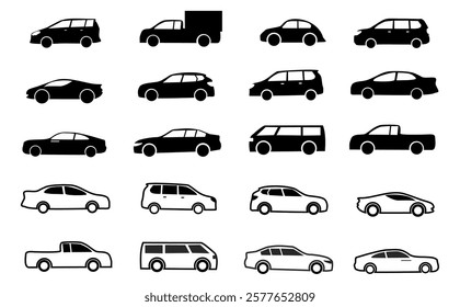 Set of car icon vector illustration, vehicle symbol collection. black and white color