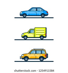 Set of car icons isolated on white background. Colorful flat style lineart illustration.