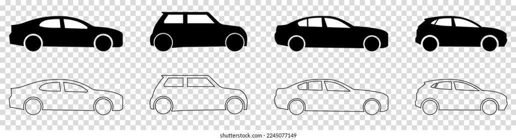 Set of car icons in line and flat style. Transport illustration isolated on transparent background