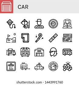 Set Of Car Icons Such As Warehouse, Kite, Rapper, Barometer, Car Seat, Golf, Key, Blower, Belt, Rubber Land, Food Truck, Electric Meter, Firefighter, School Bus, Highway , Car