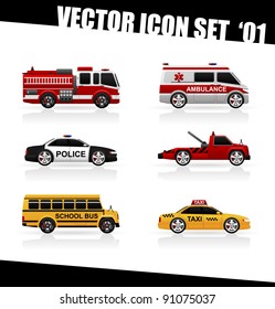 Set of the car icons in vector. Fire truck, ambulance, police car, truck for transportation faulty cars, school bus, taxi.