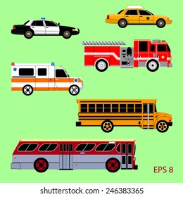 Set of the car icons in vector. Taxi, police car, fire truck, ambulance, school bus, city bus