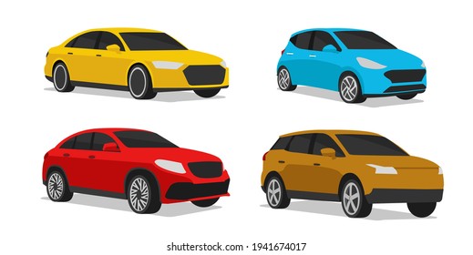 Set of car illustration of different vehicle type model in different colors, stylized silhouette