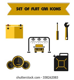 Set car infographic color vector flat icon white background: battery, wrench, screwdriver, gasoline, fuel, speedometer, speed, wash, workshop, service. Car service infographic.