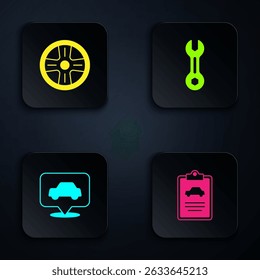 Set Inspeção de carro, roda de liga, serviço e chave chave chave. Botão quadrado preto. Vetor