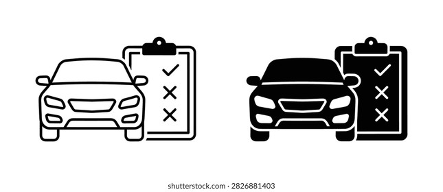 Set of car inspection icons featuring a vehicle and a clipboard with checkmarks and crosses, representing vehicle maintenance and service checks.