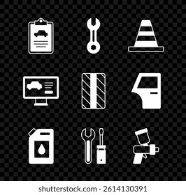 Set Car inspection, Wrench spanner, Traffic cone, Canister for motor oil, Screwdriver and wrench, Paint spray gun, Diagnostics condition of car and tire wheel icon. Vector