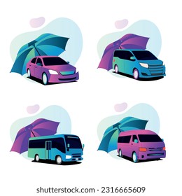 Set of car insurance concept illustration. Umbrella that protects automobile.