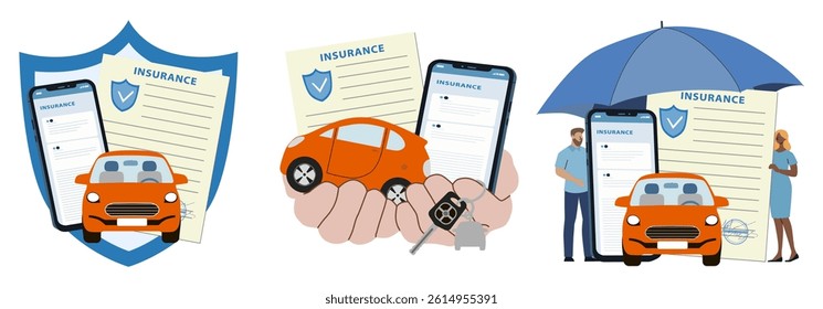 Set of car insurance illustrations. Vector illustrations in flat style. For banners, posters, booklets
