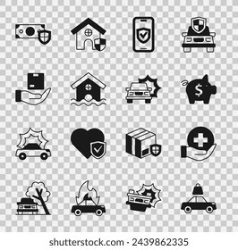 Set Car insurance, Life, Piggy bank, Insurance online, House flood, Delivery, Money with shield and accident icon. Vector