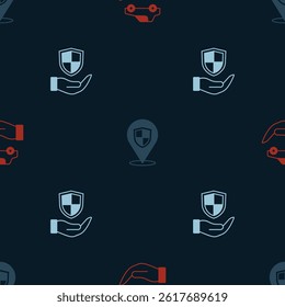 Set Car insurance, Location shield and Shield hand on seamless pattern. Vector