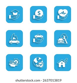 Set Car insurance, Shield with world globe, House and lightning, damaged by fallen tree, accident, Burning car, Life and Education grant icon. Vector