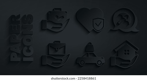 Set Car insurance, Umbrella, Hand holding briefcase, House hand, Life with shield and Travel suitcase icon. Vector