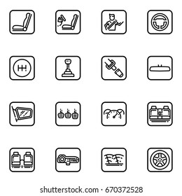 Set of car interior details outline vector icon. Includes seats, back seats, dashboard, transmission and safety belt.