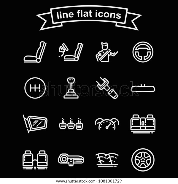 Set of car interior details outline black and white\
vector icon. Includes seats, back seats, dashboard, transmission\
and safety belt.