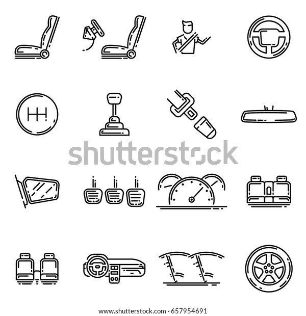 Set of\
car interior details outline vector icon. Includes seats, back\
seats, dashboard, transmission and safety\
belt.